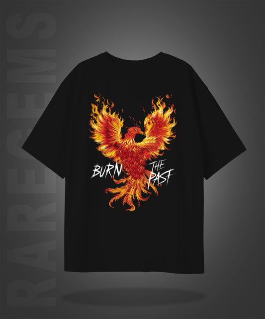 Black Half Sleeve Round Neck Burn The Past Phoenix Printed Oversized T-Shirt