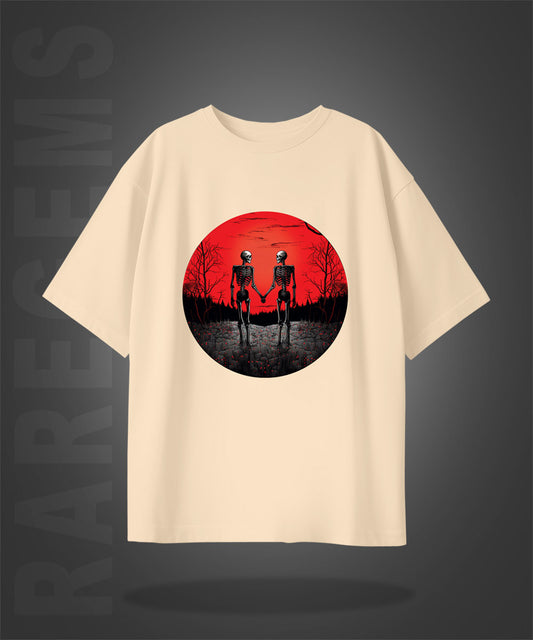 Beige Half Sleeve Round Neck Red Night Skeleton Couple Printed Oversized T-Shirt