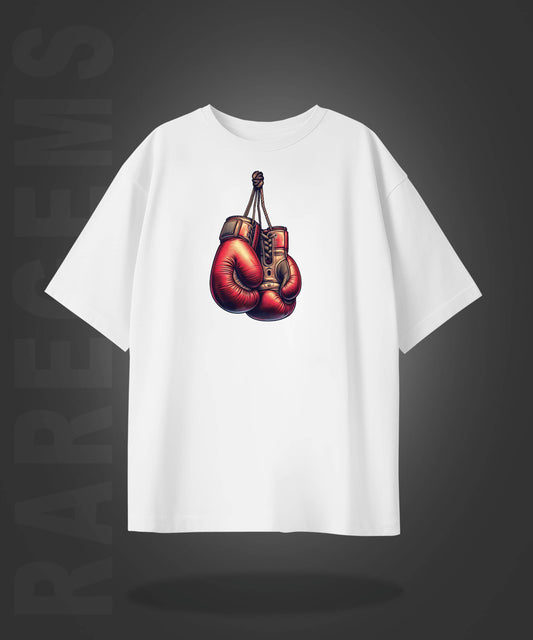 White Half Sleeve Round Neck Boxing Gloves And Making History Printed Oversized T-Shirt