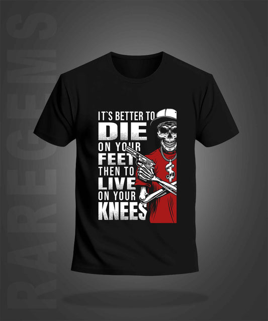 Black Half Sleeve Round Neck Cool Skeleton With Gun Printed Regular T-Shirt