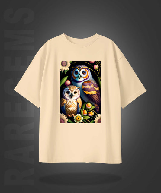 Beige Half Sleeve Round Neck Cute Owl Couple Printed Oversize T-Shirt