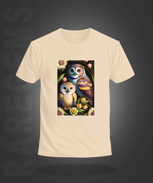 Beige Half Sleeve Round Neck Cute Owl Printed Regular T-Shirt