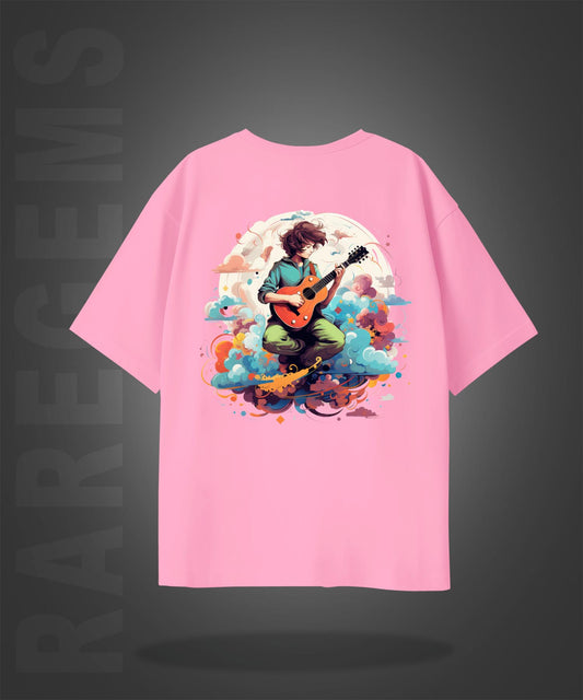 Pink Half Sleeve Round Neck Boy With Guitar Printed Oversized T-Shirt