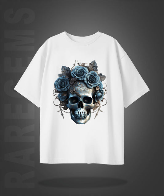 White Half Sleeve Round Neck Roses With Skull Printed Oversized T-Shirt