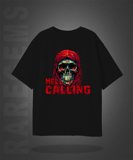 Black Half Sleeve Round Neck  Hell Calling Skull Printed Oversize T-Shirt