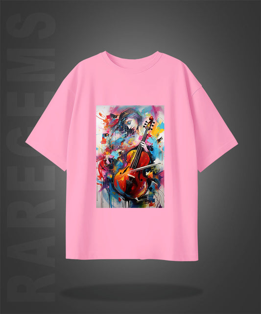 Pink Half Sleeve Round Neck Beautiful Girl Painting Printed Oversize T-Shirt