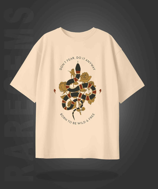 Beige Half Sleeve Round Neck Snake With Roses Printed  Oversize  T-Shirt