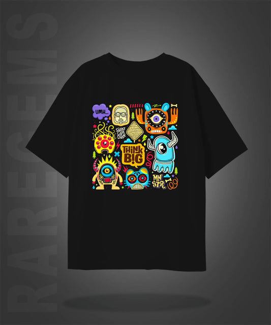 Black Half Sleeve Round Neck Cartoon Elements And Think Big Printed Oversized T-Shirt