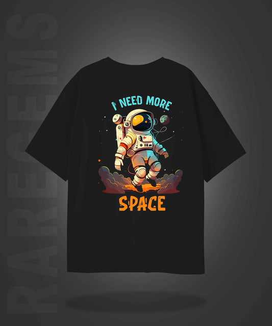 Black Half Sleeve Round Neck I Need More Space Astronaut Printed Oversized T-Shirt