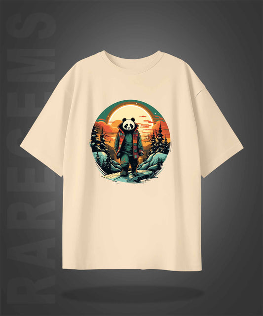 Beige Half Sleeve Round Neck Panda In Sunset Printed Oversized T-Shirt