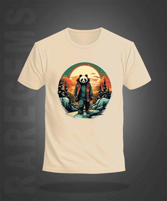 Beige Half Sleeve Round Neck Panda In Sunset Printed Regular T-Shirt