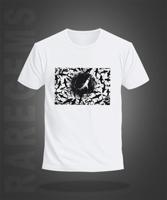 White Half Sleeve Round Neck Black Dolphins Printed Regular T-Shirt