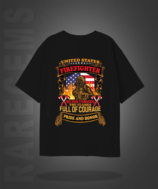 Black Half Sleeve Round Neck Firefighter Printed Oversized T-Shirt