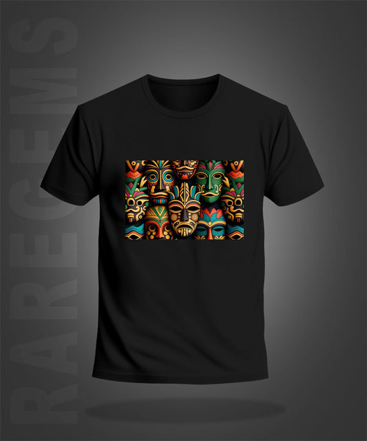 Black Half Sleeve Round Neck Colorful Tribal Mask Printed Regular T-Shirt