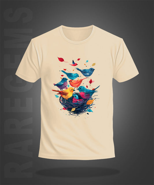 Beige Half Sleeve Round Neck Colorful Bird And Nest Printed Regular T-Shirt