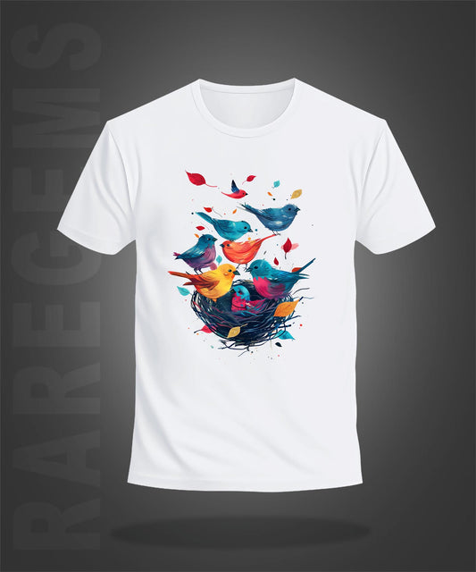 White Half Sleeve Round Neck Colorful Bird And Nest Printed Regular T-Shirt