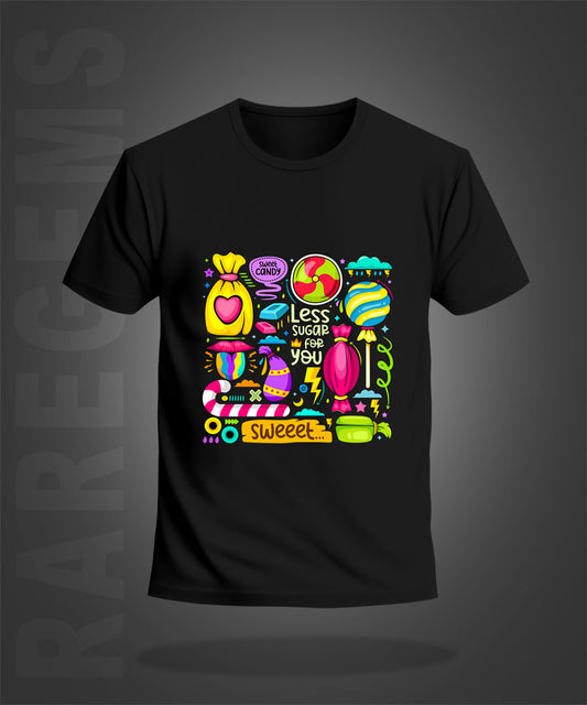 Black Half Sleeve Round Neck Colorful Sweet Candies Printed Regular T-Shirt