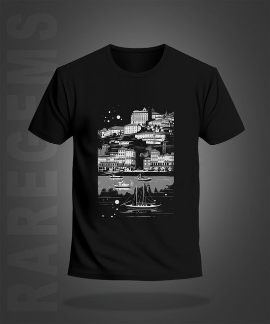 Black Half Sleeve Round Neck City By The Sea Printed Regular T-Shirt