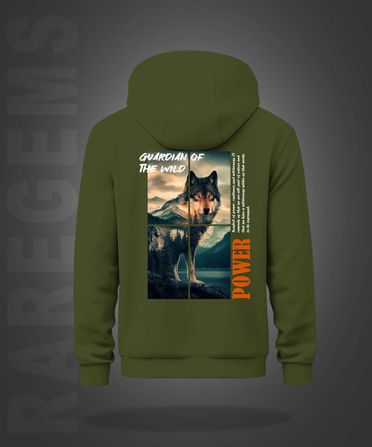 Olive Green Wolf Guardian Of Wild Printed Regular Hoodie