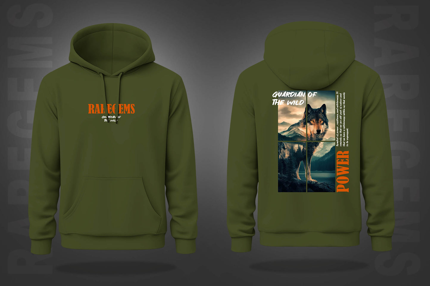 Olive Green Wolf Guardian Of Wild Printed Regular Hoodie