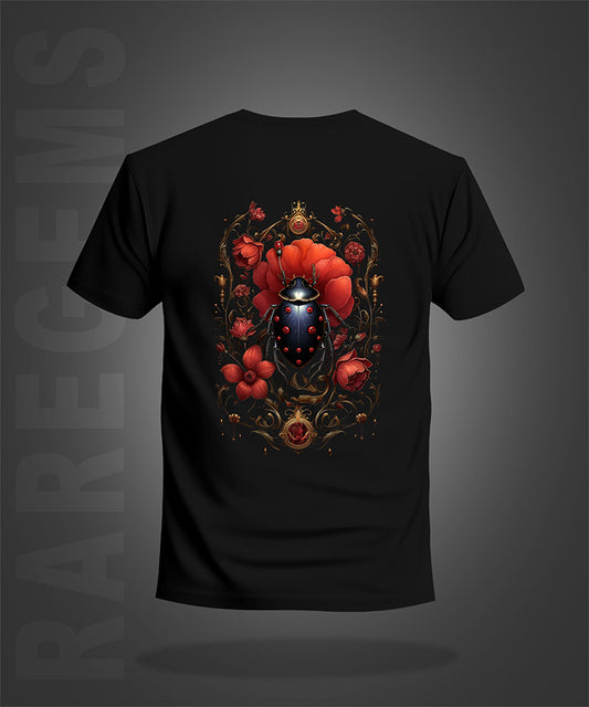 Black Half Sleeve Round Neck Beetle And Bloom Front And Back Printed Regular T-Shirt