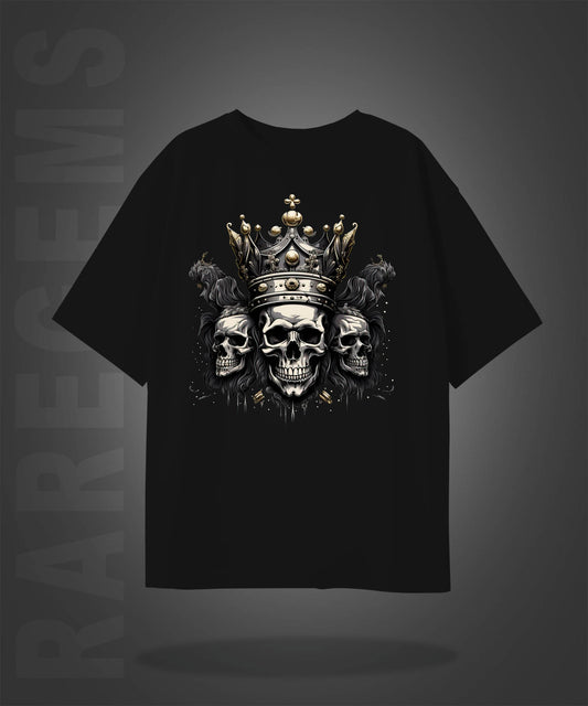 Black Half Sleeves Three Skulls Printed Oversized T-Shirt