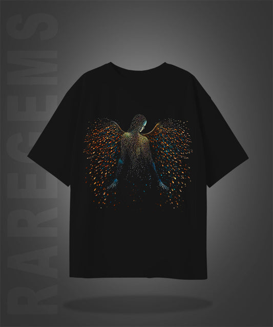 Black Half Sleeves Angel Printed Oversized T-Shirt