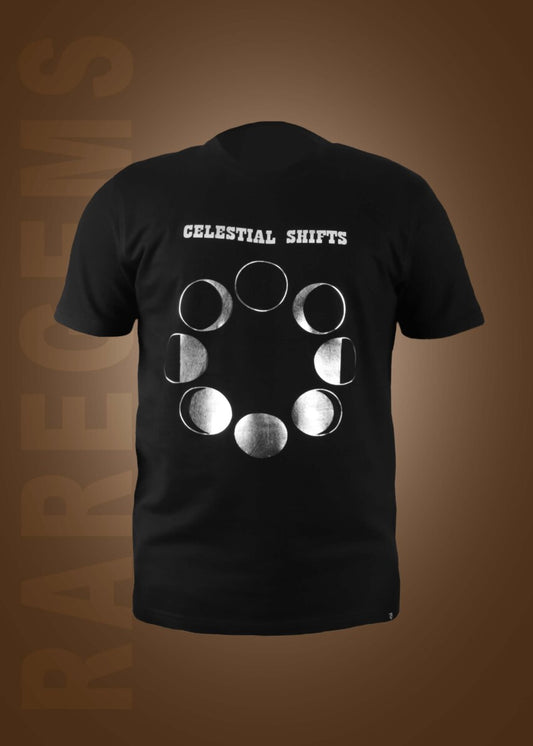 Black Half Sleeve Round Neck Celestial Shifts Printed Regular T-Shirt