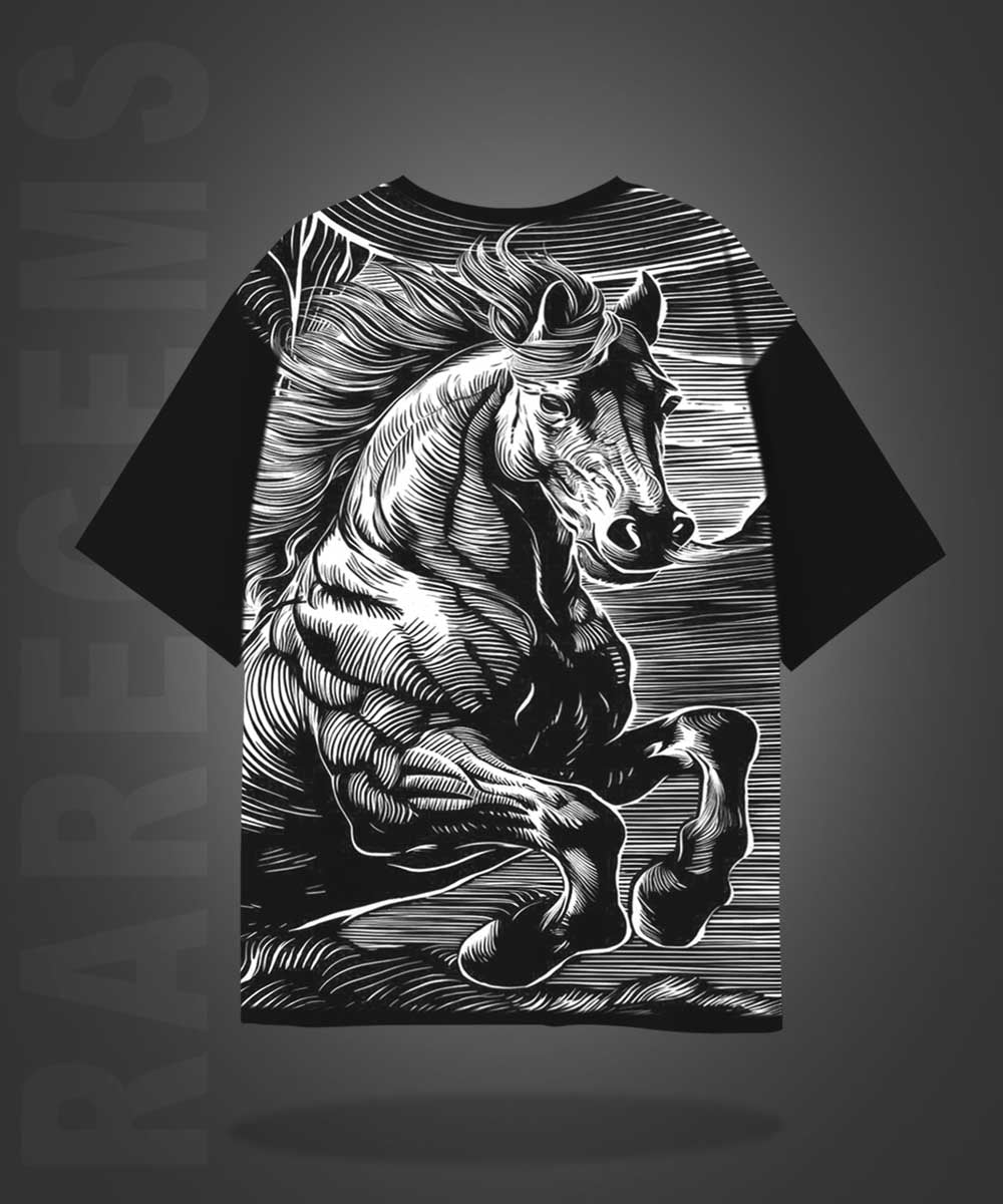 Black Half Sleeves Round Neck Powerful Horse Printed Oversized T-Shirt