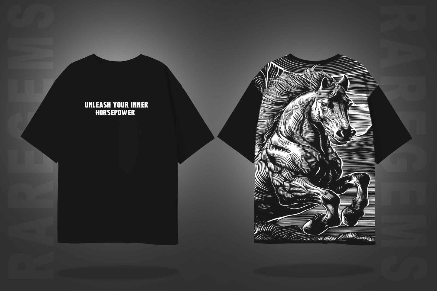 Black Half Sleeves Round Neck Powerful Horse Printed Oversized T-Shirt