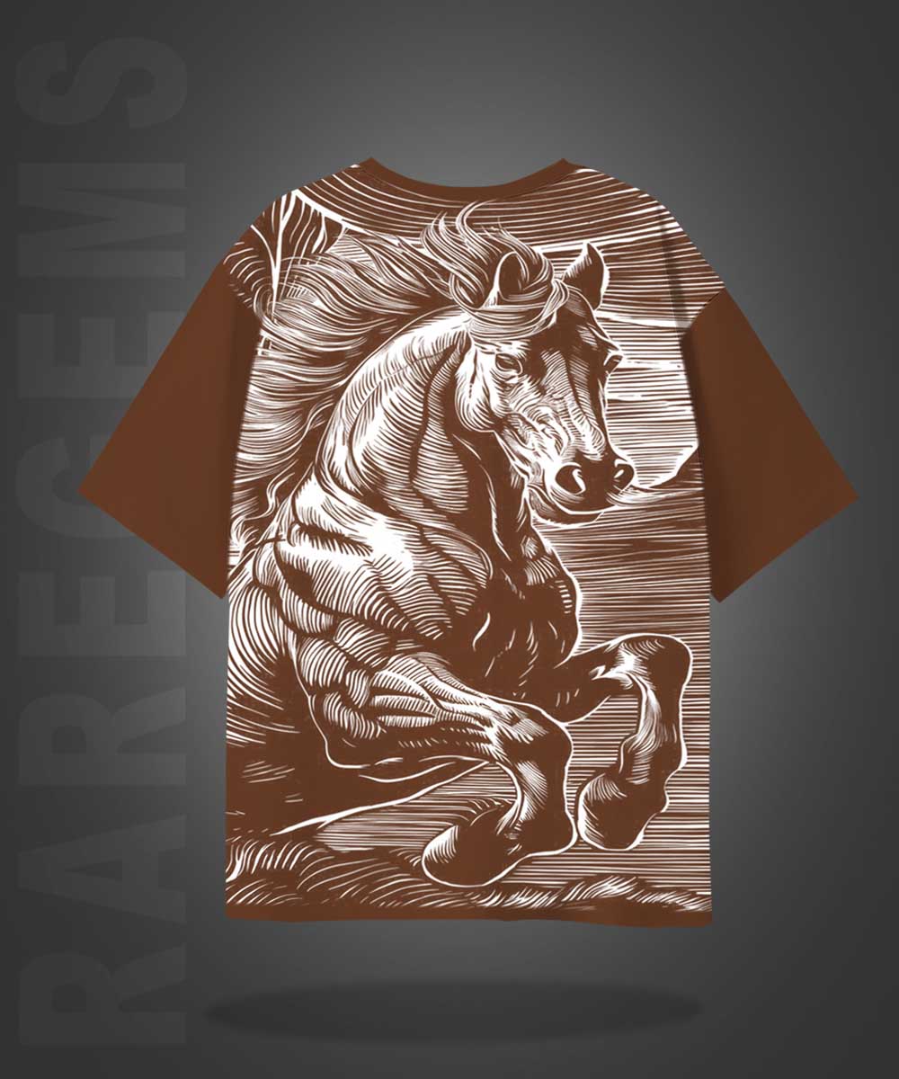 Brown Half Sleeves Round Neck Powerful Horse Printed Oversized T-Shirt