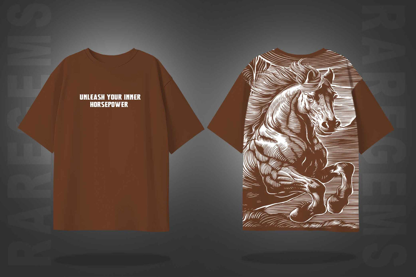 Brown Half Sleeves Round Neck Powerful Horse Printed Oversized T-Shirt