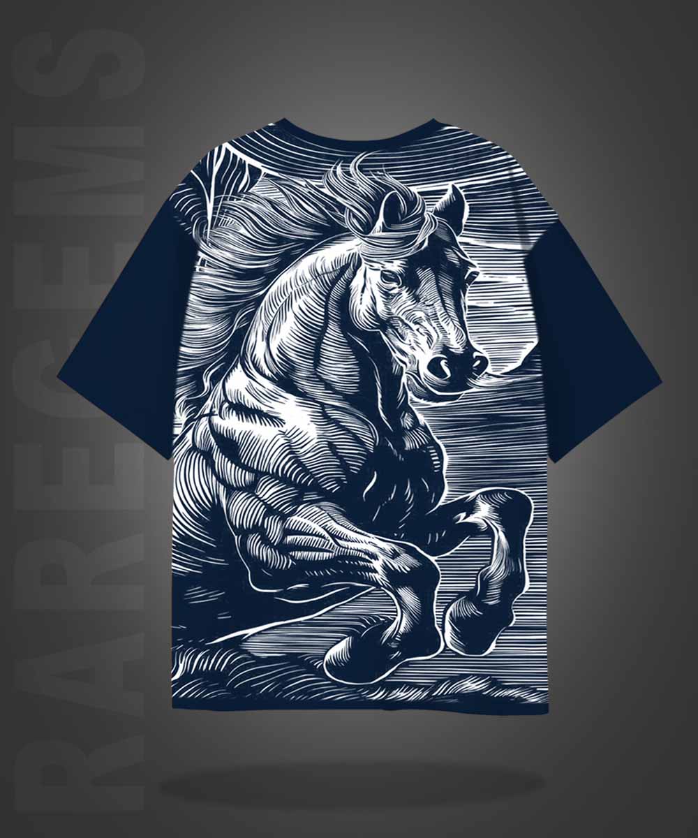 Navy Blue Half Sleeves Round Neck Powerful Horse Printed Oversized T-Shirt