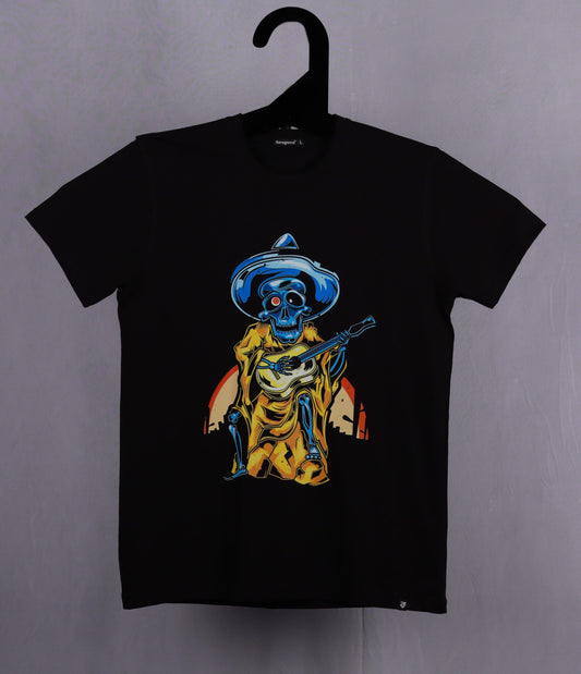 Black Round Neck Half Sleeve Guitarist Skeleton Printed Regular T-Shirt