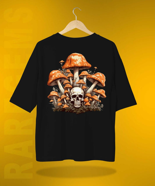 Black Half Sleeve Mushroom Skull Printed Oversized T-Shirt