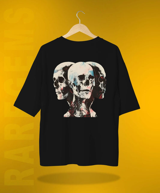 Black Half Sleeves Three Skulls Printed Oversized T-Shirt