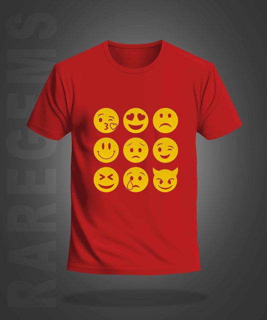 Red Round Neck Half Sleeve Emojis Printed Regular T-Shirt