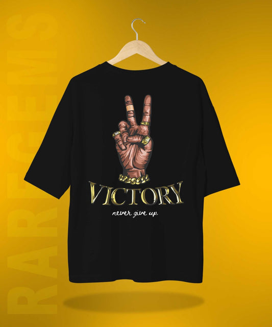 Black Half Sleeves Victory Never Give Up Printed Oversized T-Shirt