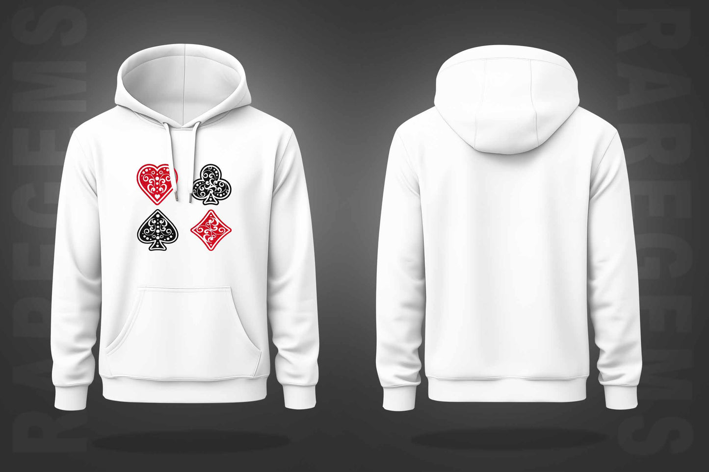 White Heart Spade Ace Diamond Glitter Vinyl Printed Regular Hoodie