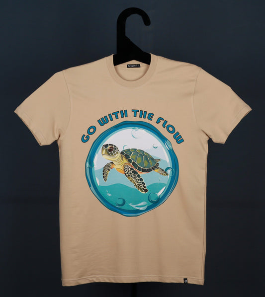 Beige Half Sleeve Round Neck Go With The Flow Turtle Printed Regular T-Shirt