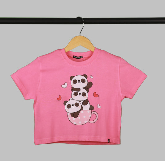 Pink Half Sleeve Three Cute Pandas In A Cup Printed Regular Crop Top