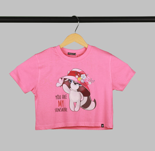 Pink Half Sleeve Cute Cat Printed Women's Regular Crop Top