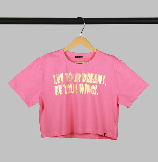 Pink Half Sleeve Golden Quote Printed Women's Regular Crop Top