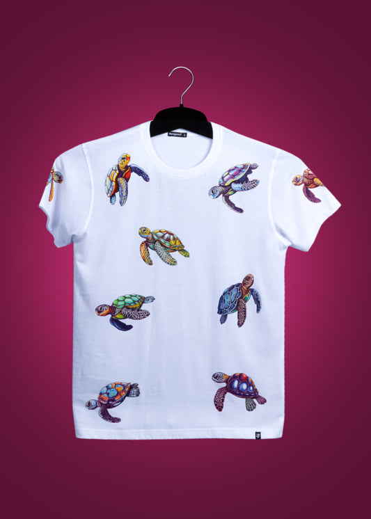 White Half Sleeve Round Neck Multicolor Turtle Printed Regular T-Shirt