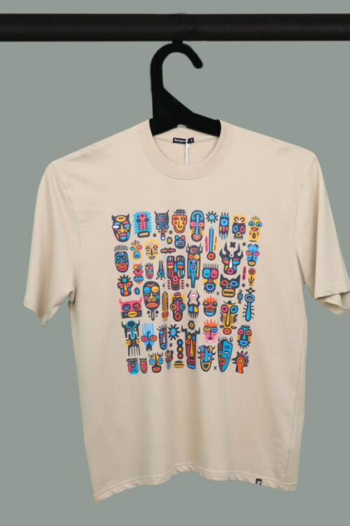 Beige Half Sleeve Round Neck Colorful Doodle Art Faces Printed Oversize T-Shirt