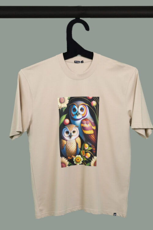 Beige Half Sleeve Round Neck Cute Owl Couple Printed Oversize T-Shirt