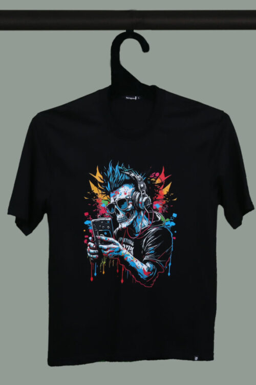 Black Half Sleeve Colorful Rockstar Skull Printed Oversized T-Shirt