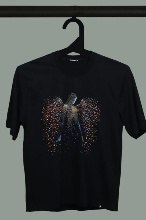 Black Half Sleeve  Girl With Wings Printed Oversized T-Shirt