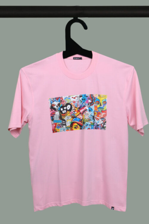 Pink Half Sleeve Graffiti Art Printed Oversized T-Shirt