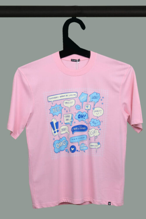 Pink Half Sleeve Simple Exclamations Printed Oversized T-Shirt